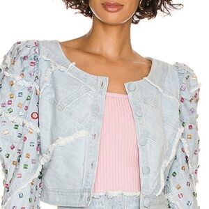 LoveShackFancy Womens Size 2 Eleora Cropped Denim Jacket  Embellished